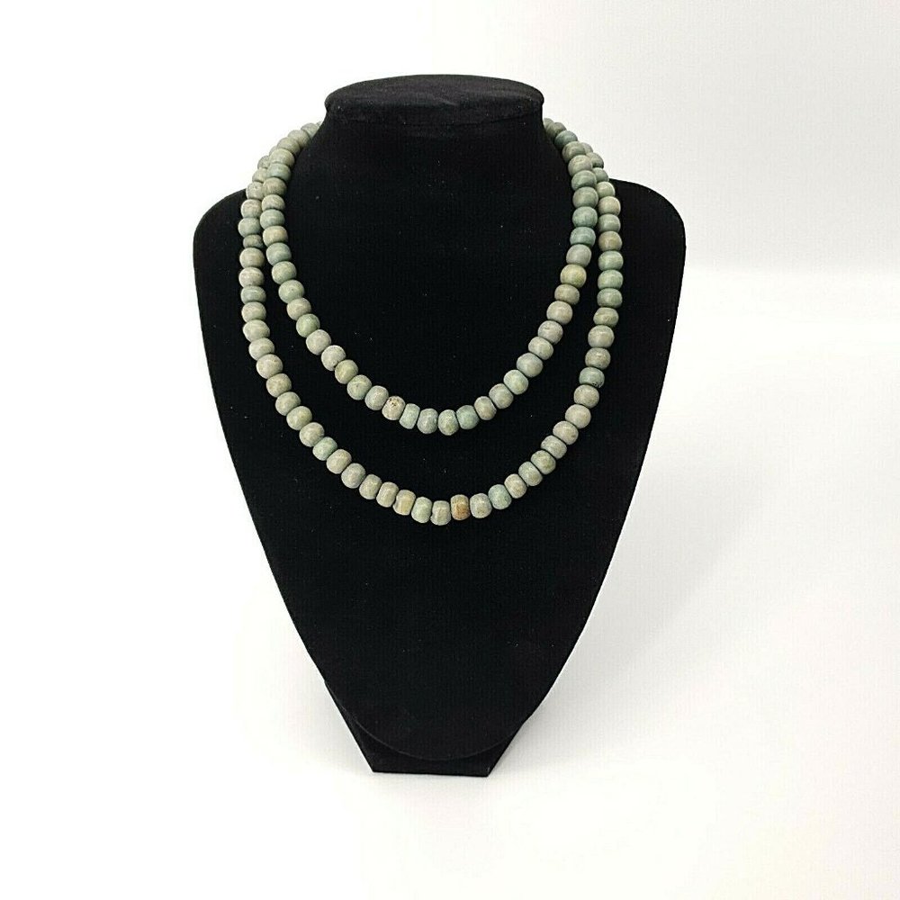 Womens Beaded Stone Style Necklace 31" Long Seafoam Blue Green Earth Tone Office
